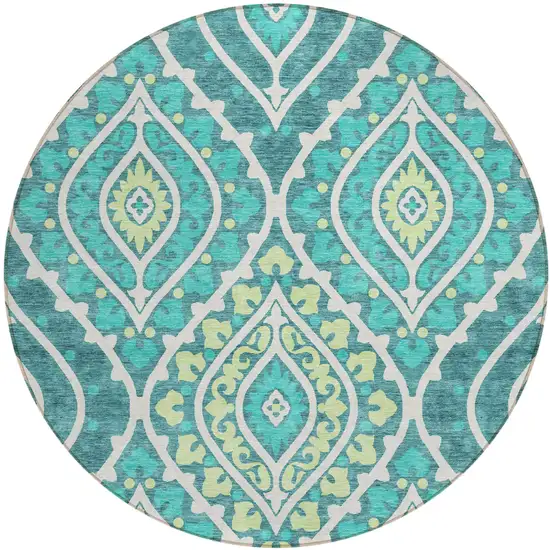8' Teal Blue Ivory And Artichoke Green Round Floral Washable Indoor Outdoor Area Rug Photo 1