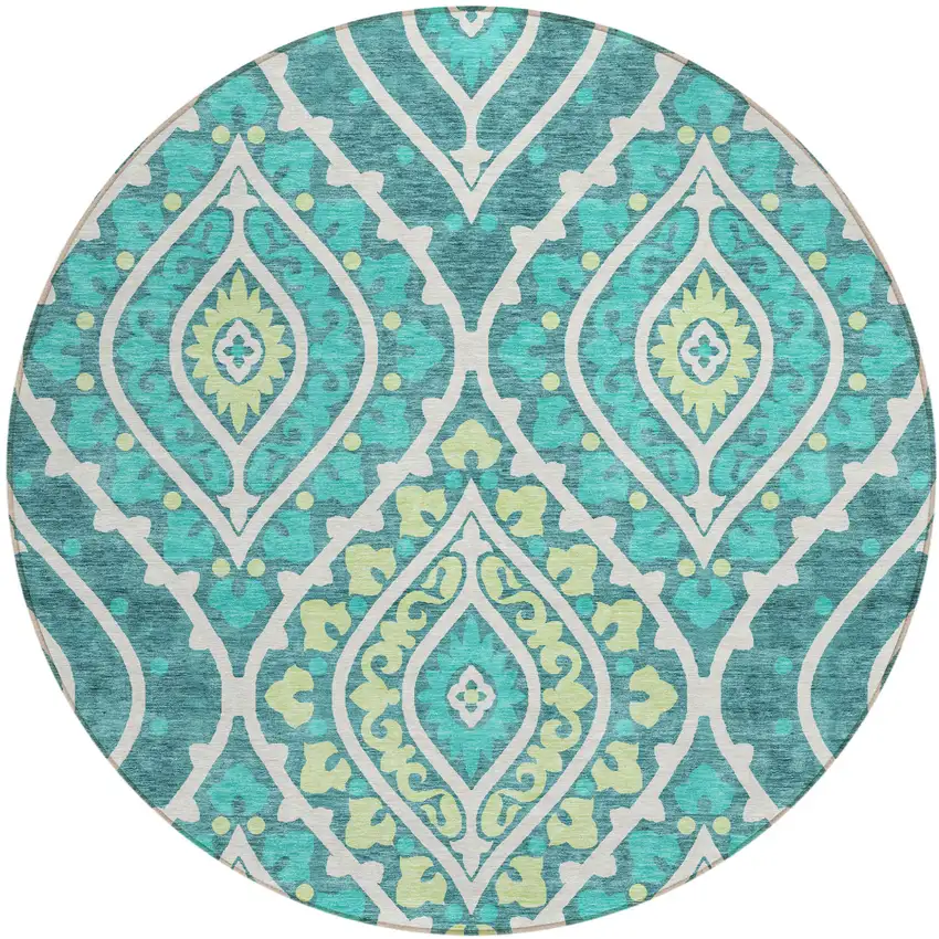 8' Teal Blue Ivory And Artichoke Green Round Floral Washable Indoor Outdoor Area Rug Photo 1