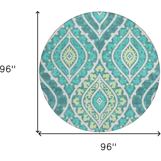 8' Teal Blue Ivory And Artichoke Green Round Floral Washable Indoor Outdoor Area Rug Photo 9