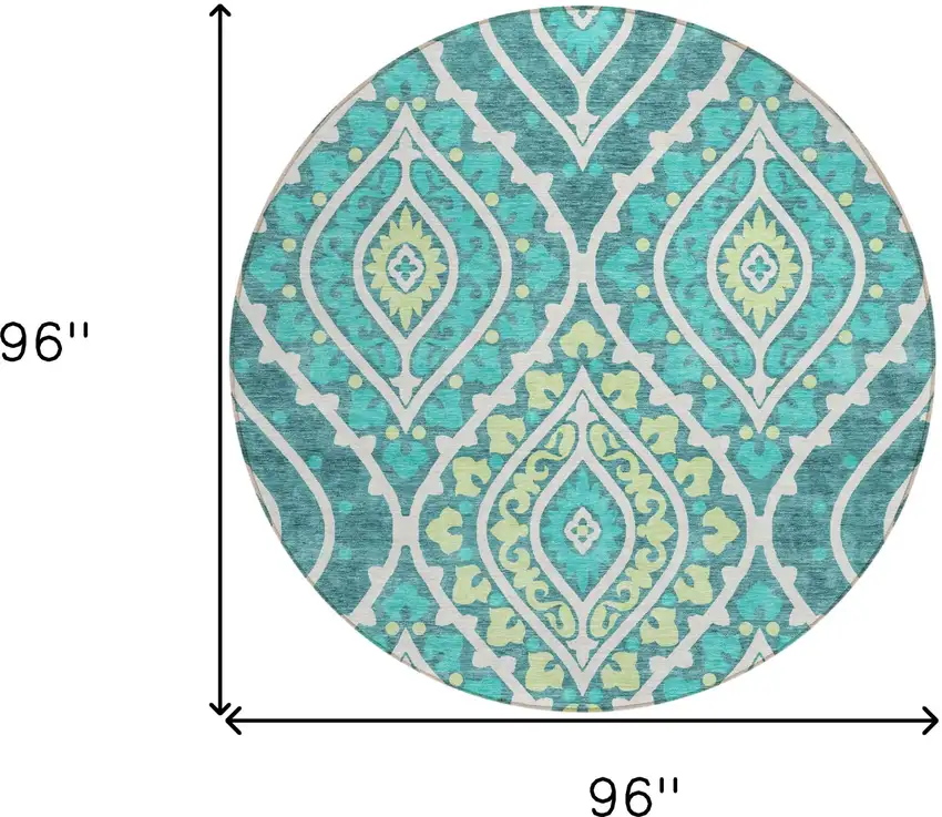 8' Teal Blue Ivory And Artichoke Green Round Floral Washable Indoor Outdoor Area Rug Photo 9