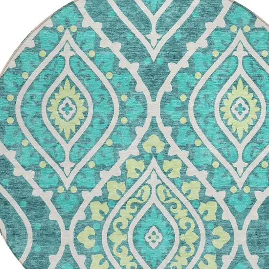 8' Teal Blue Ivory And Artichoke Green Round Floral Washable Indoor Outdoor Area Rug Photo 5