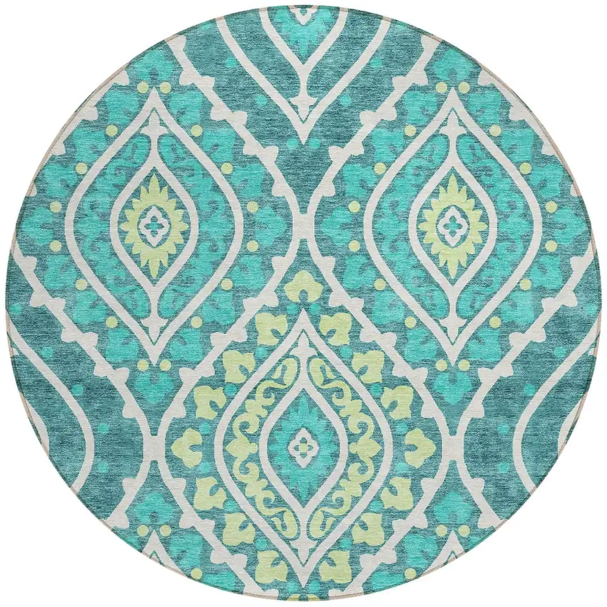 8' Teal Blue Ivory And Artichoke Green Round Floral Washable Indoor Outdoor Area Rug Photo 6