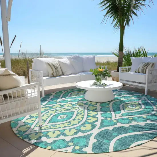 8' Teal Blue Ivory And Artichoke Green Round Floral Washable Indoor Outdoor Area Rug Photo 7