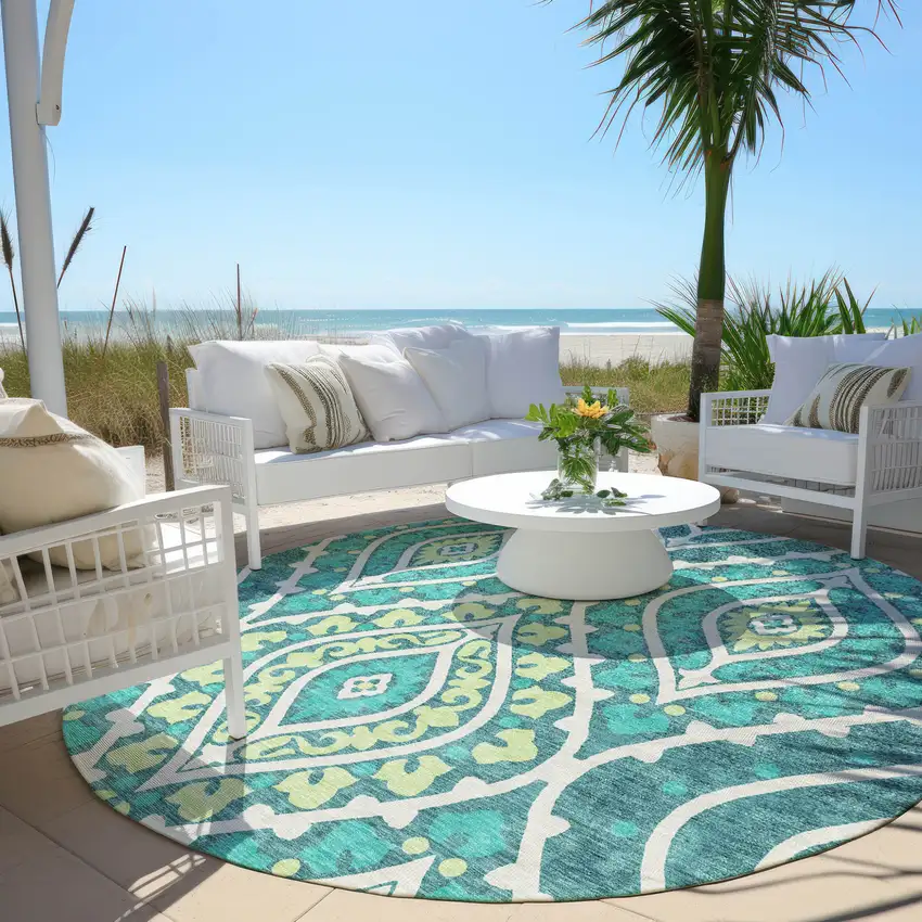 8' Teal Blue Ivory And Artichoke Green Round Floral Washable Indoor Outdoor Area Rug Photo 7