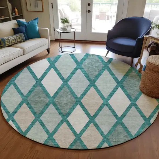 8' Teal Blue Ivory And Beige Round Geometric Washable Indoor Outdoor Area Rug Photo 7