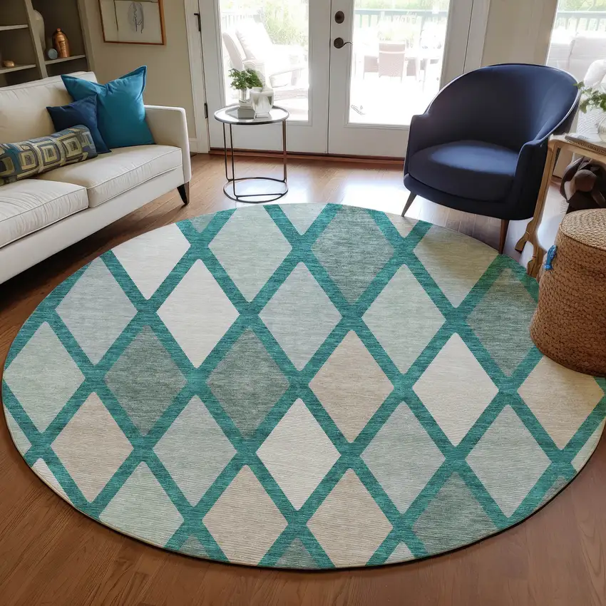 8' Teal Blue Ivory And Beige Round Geometric Washable Indoor Outdoor Area Rug Photo 7