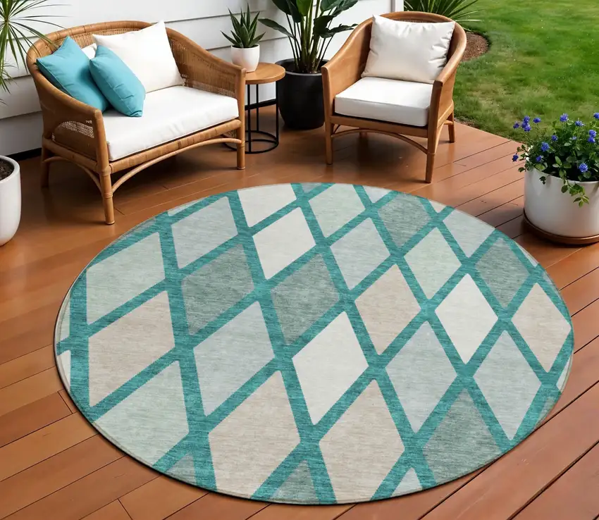 8' Teal Blue Ivory And Beige Round Geometric Washable Indoor Outdoor Area Rug Photo 1