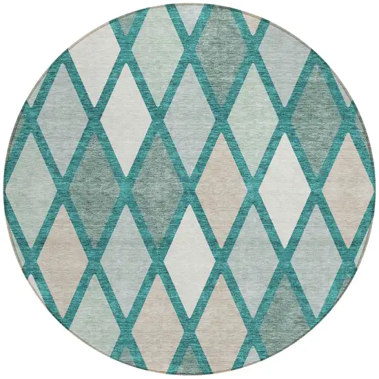 8' Teal Blue Ivory And Beige Round Geometric Washable Indoor Outdoor Area Rug Photo 5