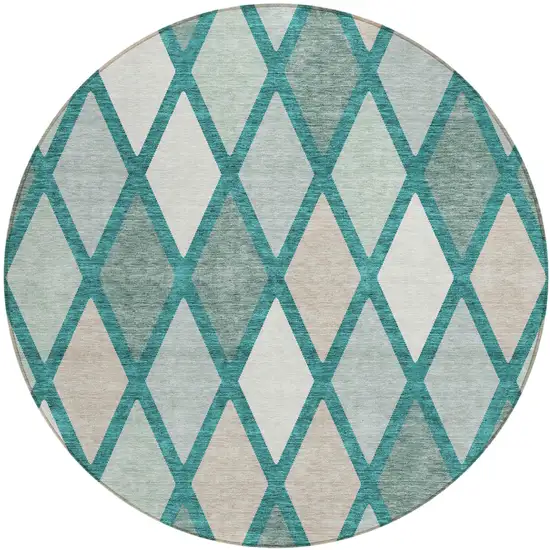 8' Teal Blue Ivory And Beige Round Geometric Washable Indoor Outdoor Area Rug Photo 2