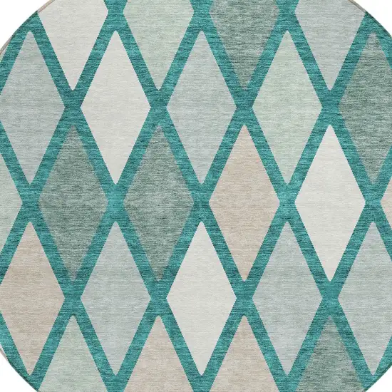 8' Teal Blue Ivory And Beige Round Geometric Washable Indoor Outdoor Area Rug Photo 4