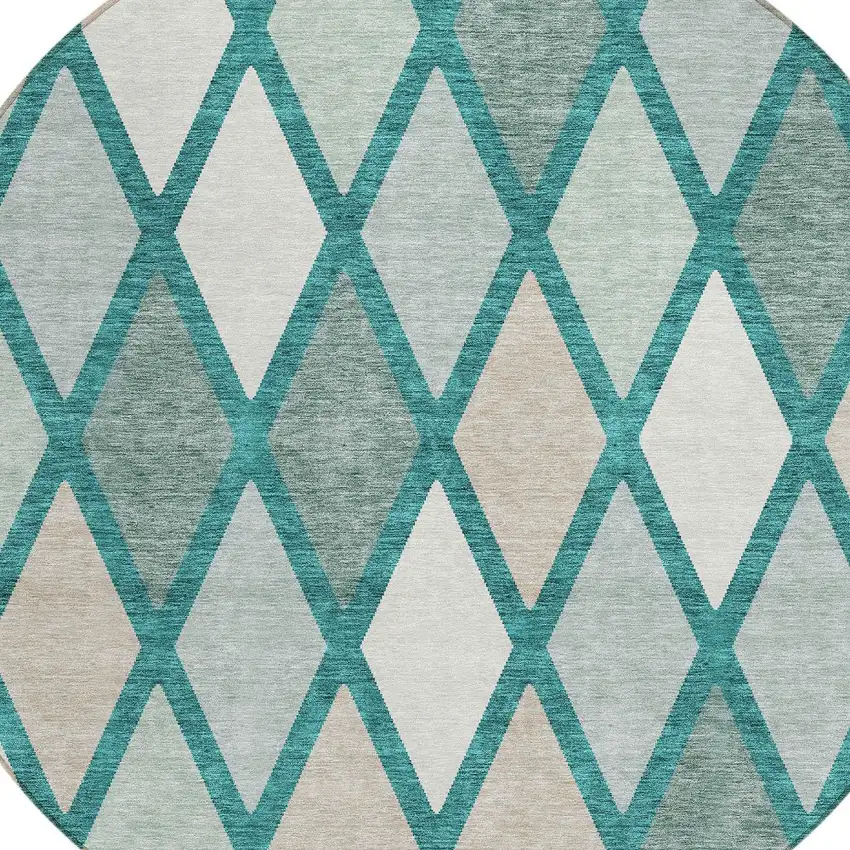 8' Teal Blue Ivory And Beige Round Geometric Washable Indoor Outdoor Area Rug Photo 4