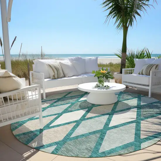8' Teal Blue Ivory And Beige Round Geometric Washable Indoor Outdoor Area Rug Photo 6