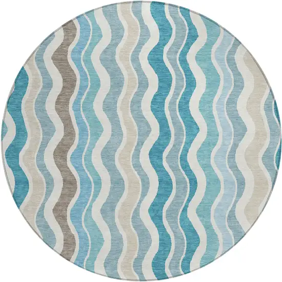 8' Teal Blue Ivory And Beige Round Striped Washable Indoor Outdoor Area Rug Photo 2
