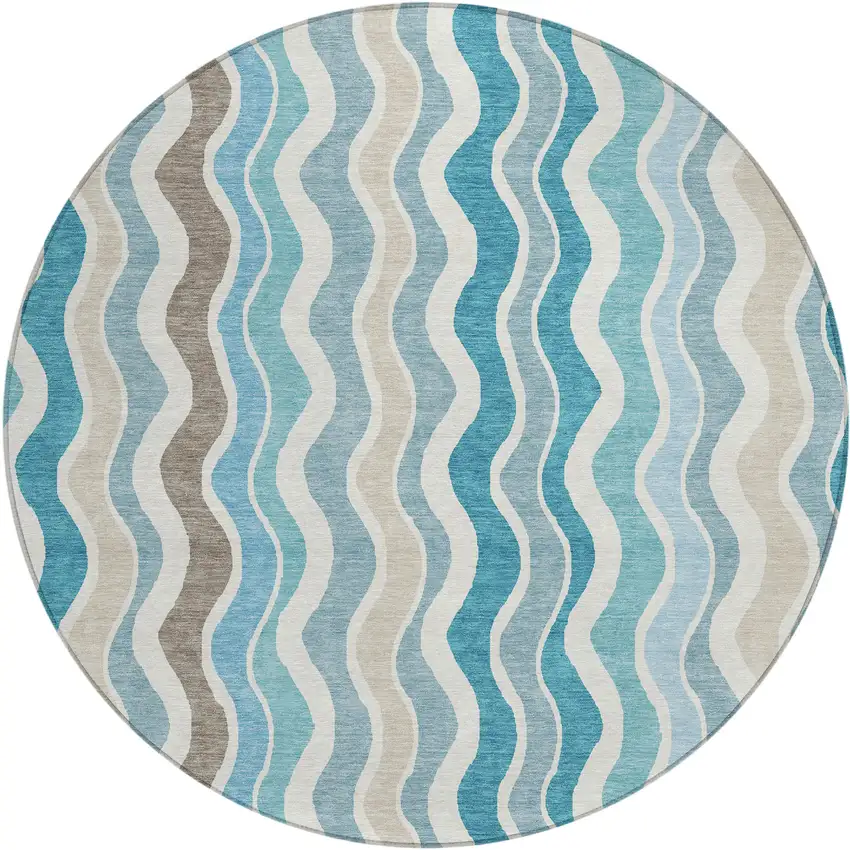 8' Teal Blue Ivory And Beige Round Striped Washable Indoor Outdoor Area Rug Photo 2