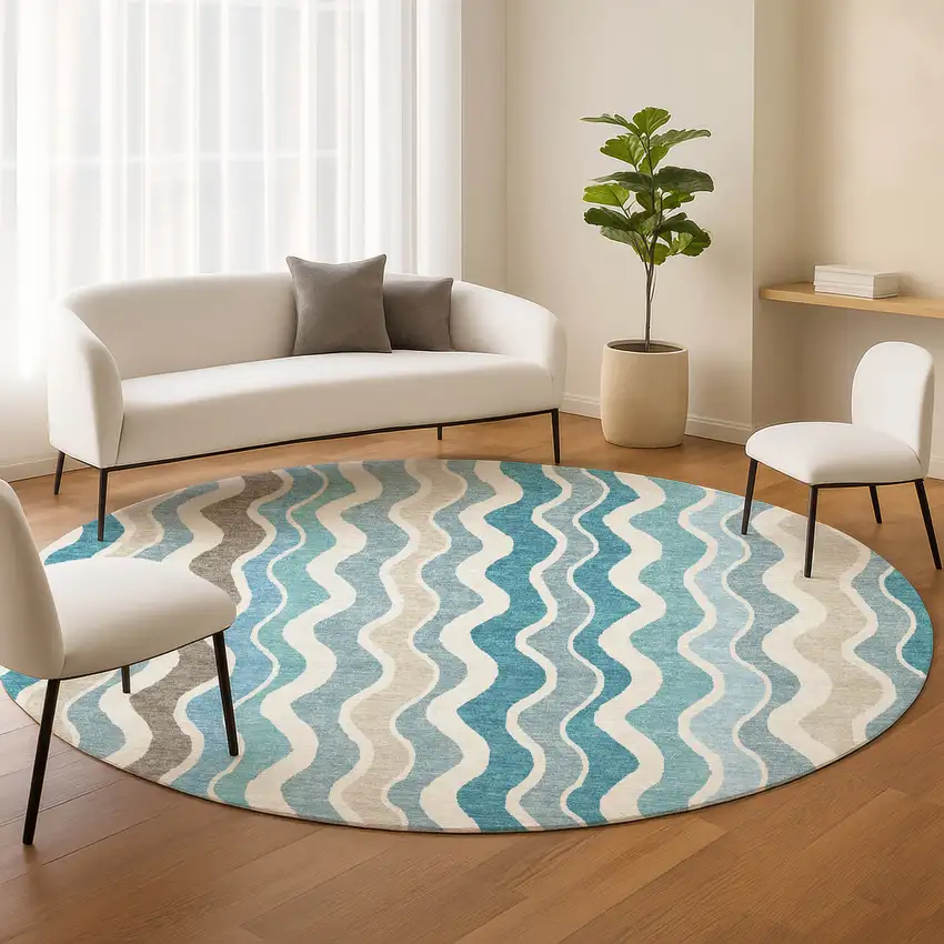 8' Teal Blue Ivory And Beige Round Striped Washable Indoor Outdoor Area Rug Photo 9
