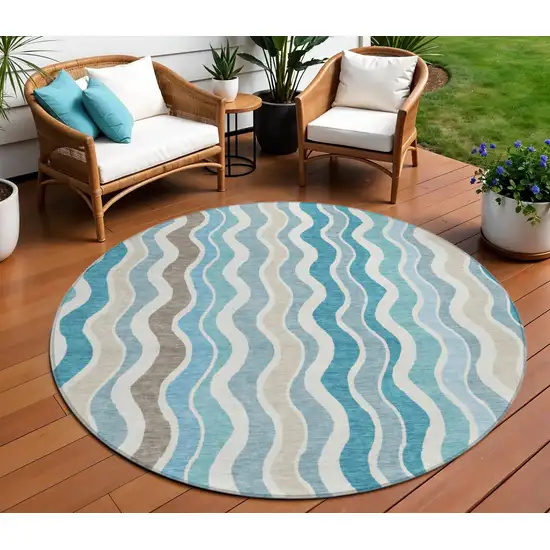 8' Teal Blue Ivory And Beige Round Striped Washable Indoor Outdoor Area Rug Photo 1