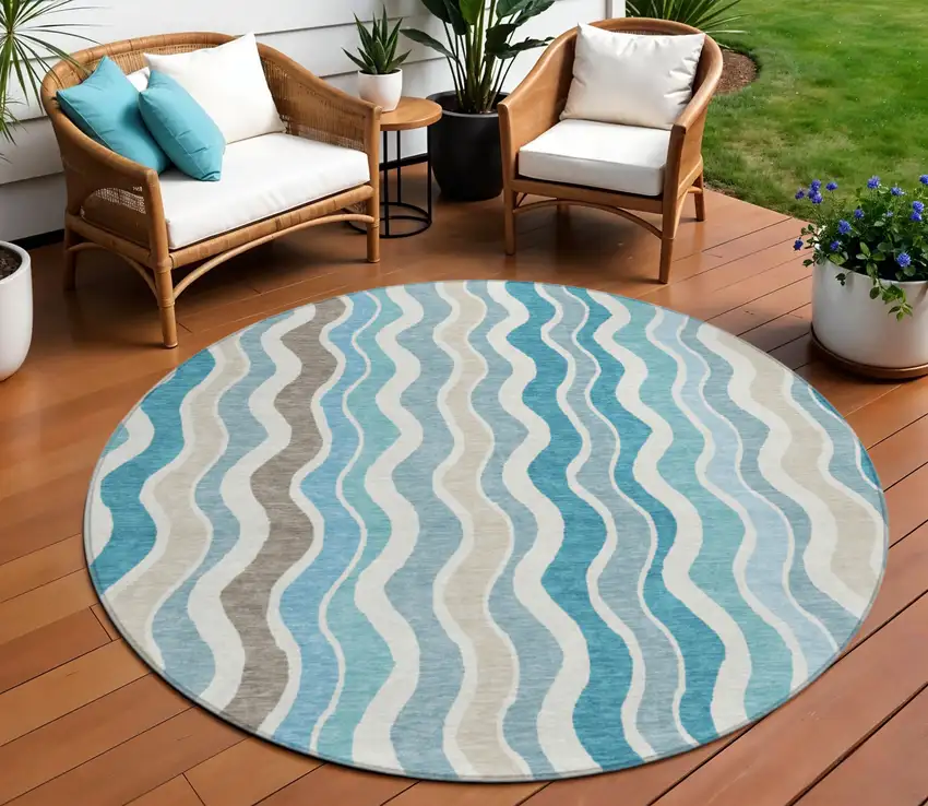 8' Teal Blue Ivory And Beige Round Striped Washable Indoor Outdoor Area Rug Photo 1