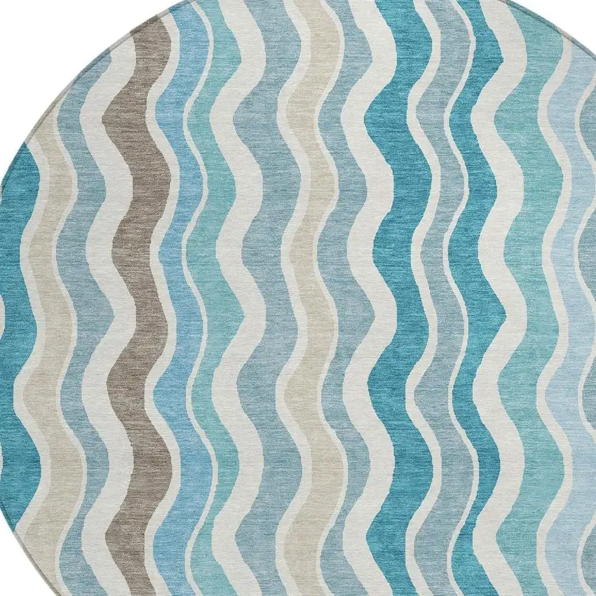 8' Teal Blue Ivory And Beige Round Striped Washable Indoor Outdoor Area Rug Photo 7