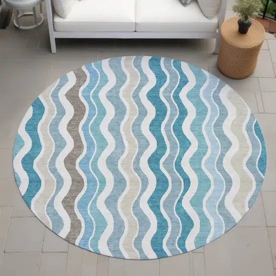 8' Teal Blue Ivory And Beige Round Striped Washable Indoor Outdoor Area Rug Photo 8
