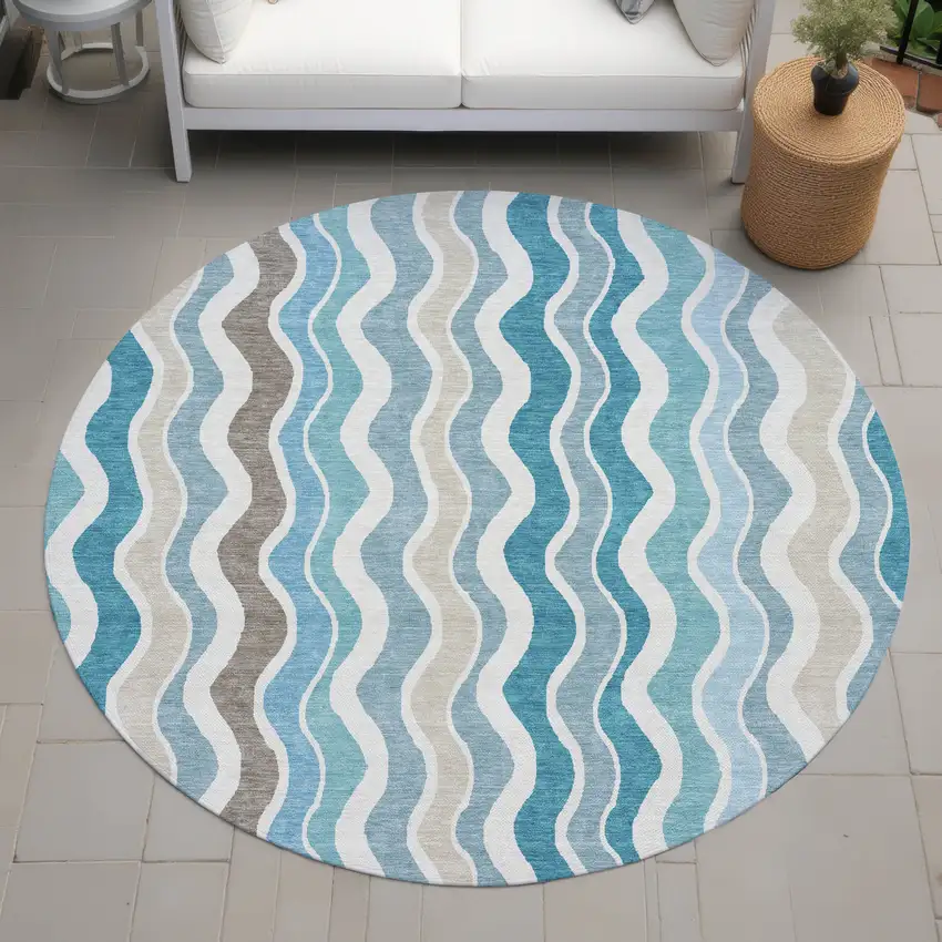 8' Teal Blue Ivory And Beige Round Striped Washable Indoor Outdoor Area Rug Photo 8