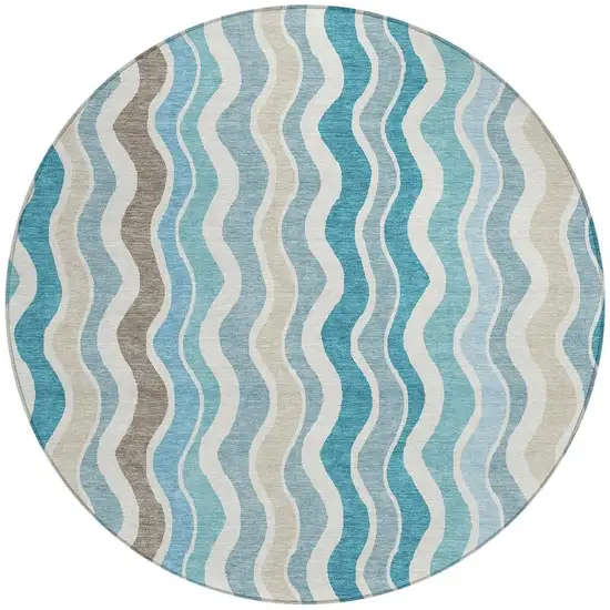 8' Teal Blue Ivory And Beige Round Striped Washable Indoor Outdoor Area Rug Photo 4