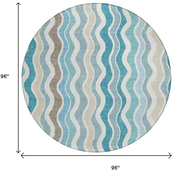 8' Teal Blue Ivory And Beige Round Striped Washable Indoor Outdoor Area Rug Photo 3