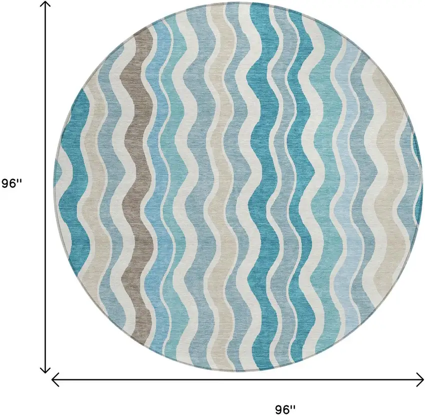 8' Teal Blue Ivory And Beige Round Striped Washable Indoor Outdoor Area Rug Photo 3