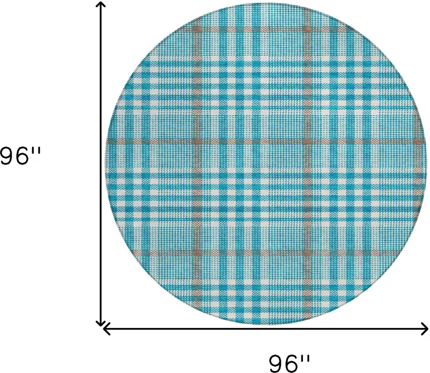 8' Teal Blue Ivory And Brown Round Plaid Washable Indoor Outdoor Area Rug Photo 9