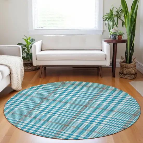 8' Teal Blue Ivory And Brown Round Plaid Washable Indoor Outdoor Area Rug Photo 8