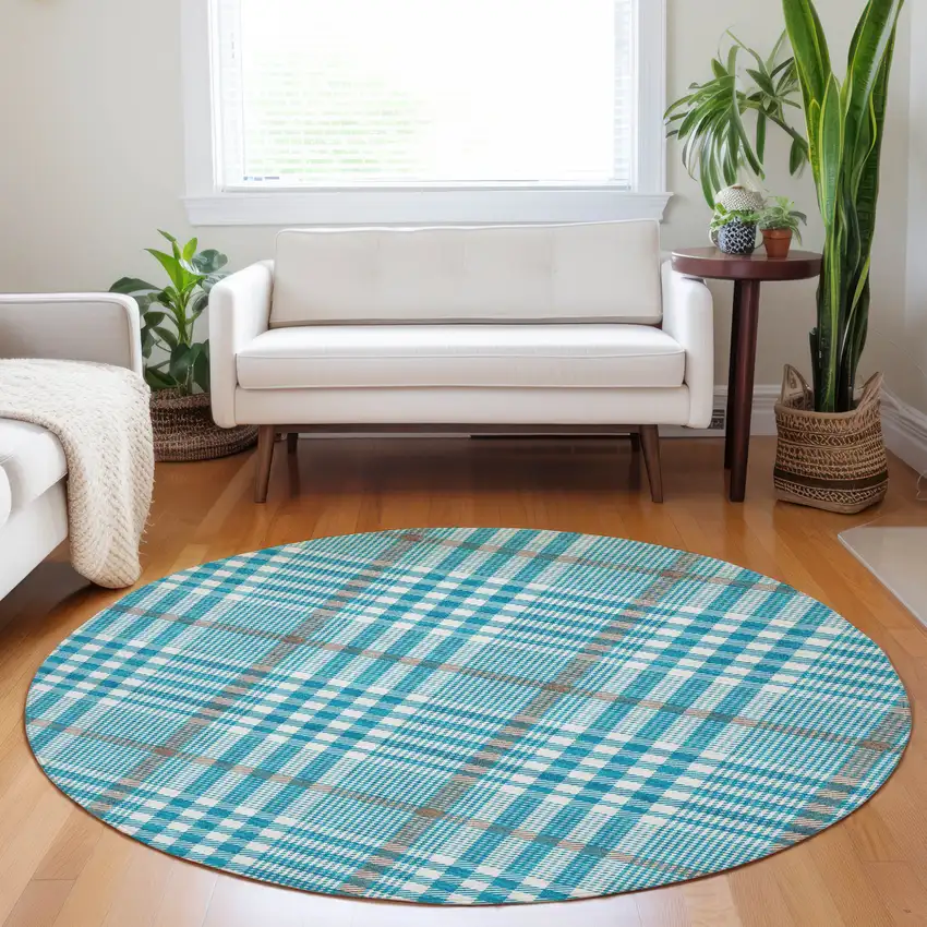 8' Teal Blue Ivory And Brown Round Plaid Washable Indoor Outdoor Area Rug Photo 8