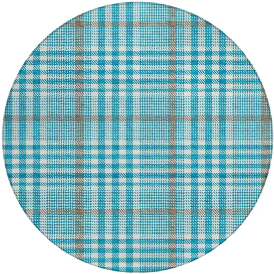 8' Teal Blue Ivory And Brown Round Plaid Washable Indoor Outdoor Area Rug Photo 2