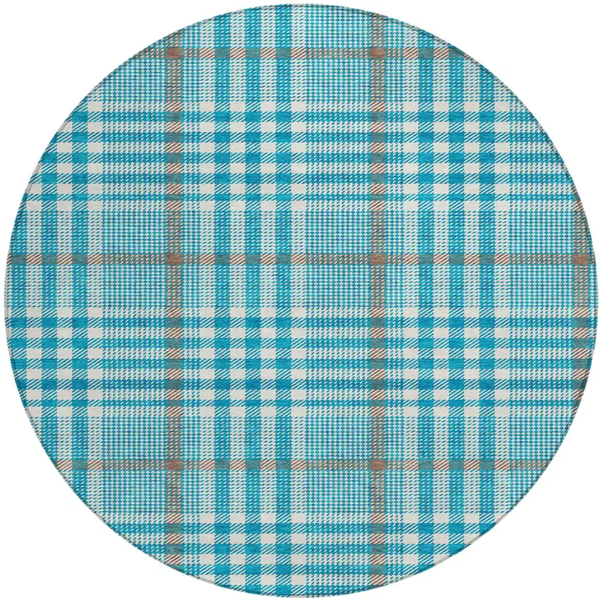 8' Teal Blue Ivory And Brown Round Plaid Washable Indoor Outdoor Area Rug Photo 2