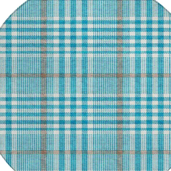 8' Teal Blue Ivory And Brown Round Plaid Washable Indoor Outdoor Area Rug Photo 5