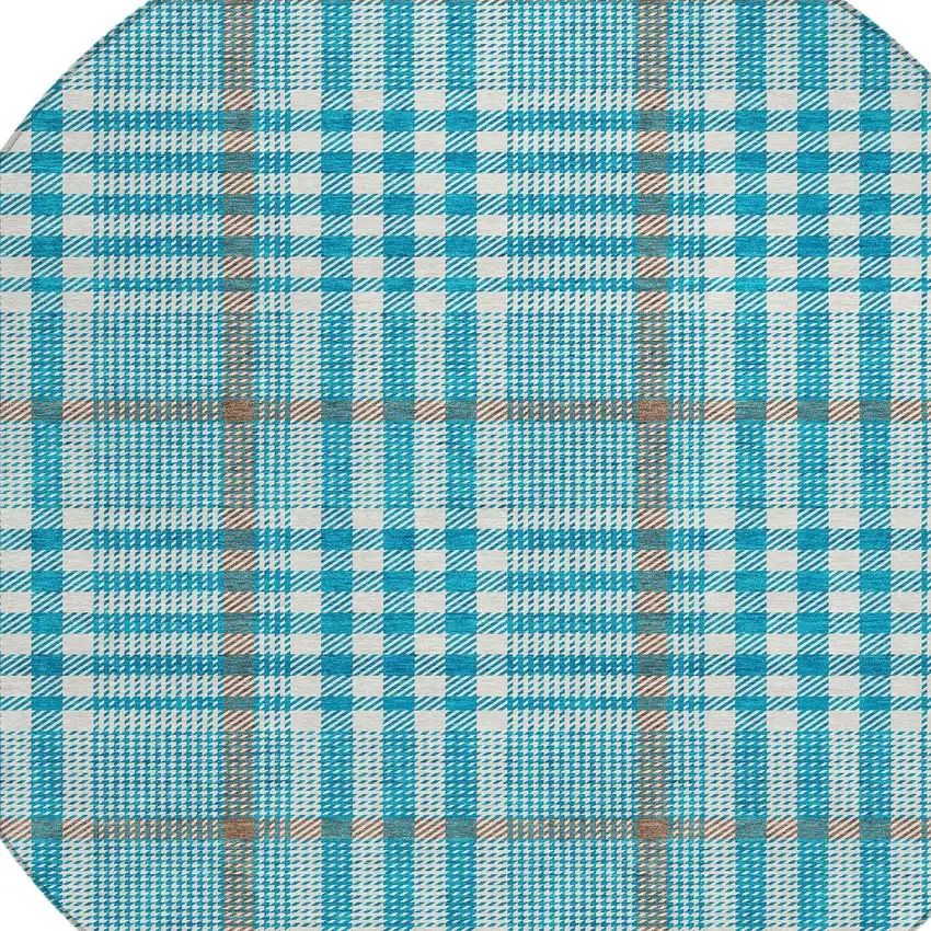 8' Teal Blue Ivory And Brown Round Plaid Washable Indoor Outdoor Area Rug Photo 5