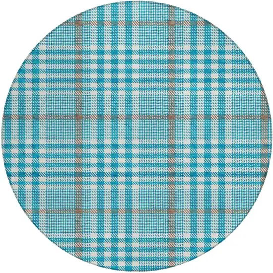 8' Teal Blue Ivory And Brown Round Plaid Washable Indoor Outdoor Area Rug Photo 6