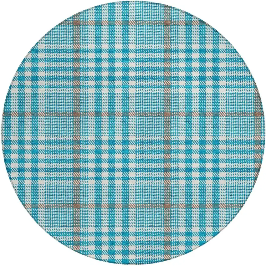 8' Teal Blue Ivory And Brown Round Plaid Washable Indoor Outdoor Area Rug Photo 6