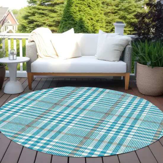 8' Teal Blue Ivory And Brown Round Plaid Washable Indoor Outdoor Area Rug Photo 7
