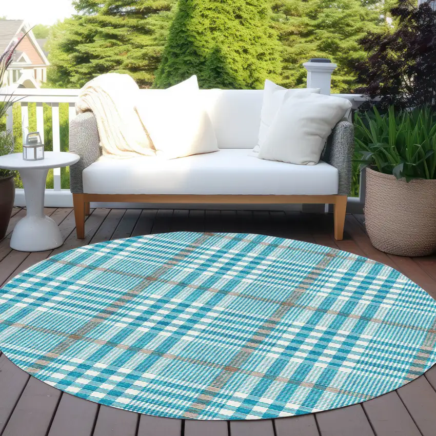 8' Teal Blue Ivory And Brown Round Plaid Washable Indoor Outdoor Area Rug Photo 7