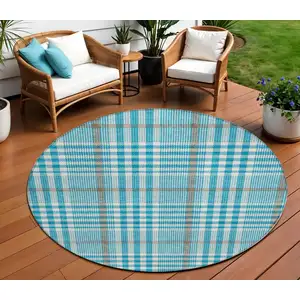 Photo of 8' Teal Blue Ivory And Brown Round Plaid Washable Indoor Outdoor Area Rug