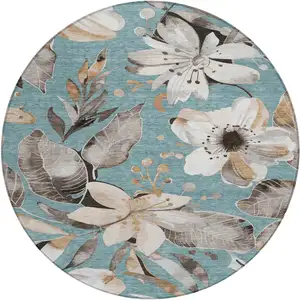 Photo of 8' Teal Blue Ivory And Charcoal Round Floral Washable Indoor Outdoor Area Rug