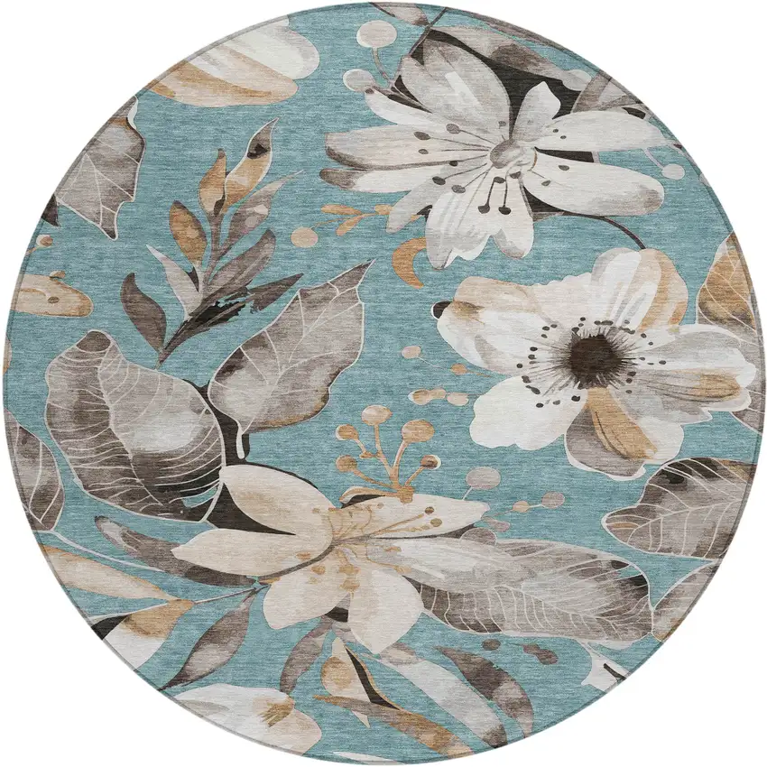 8' Teal Blue Ivory And Charcoal Round Floral Washable Indoor Outdoor Area Rug Photo 2
