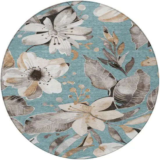 8' Teal Blue Ivory And Charcoal Round Floral Washable Indoor Outdoor Area Rug Photo 5
