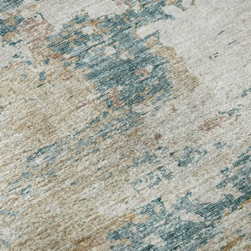 8' Teal Blue Ivory And Copper Abstract Washable Round Rug With UV Protection Photo 9