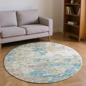 Photo of 8' Teal Blue Ivory And Copper Abstract Washable Round Rug With UV Protection