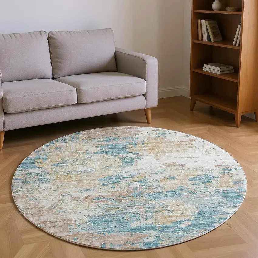 8' Teal Blue Ivory And Copper Abstract Washable Round Rug With UV Protection Photo 1
