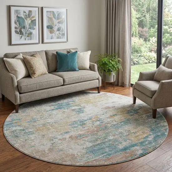 8' Teal Blue Ivory And Copper Abstract Washable Round Rug With UV Protection Photo 1