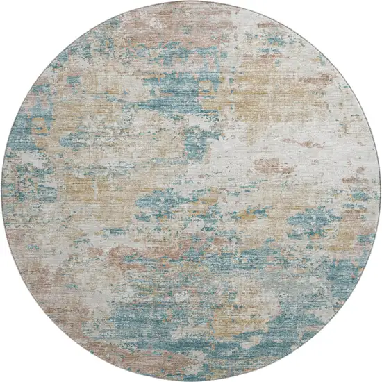 8' Teal Blue Ivory And Copper Abstract Washable Round Rug With UV Protection Photo 2