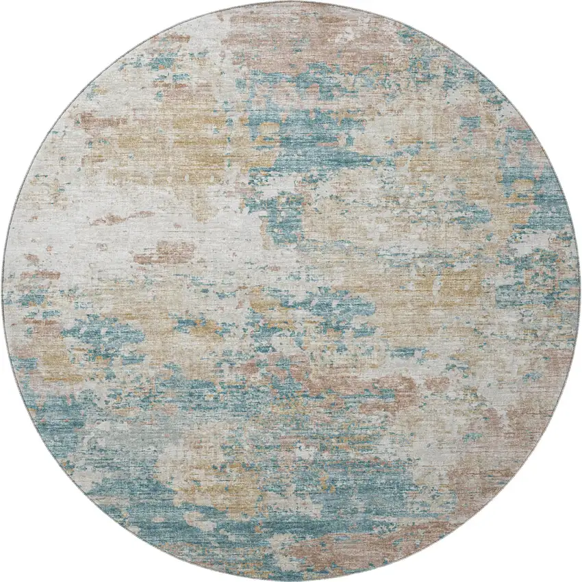 8' Teal Blue Ivory And Copper Abstract Washable Round Rug With UV Protection Photo 5