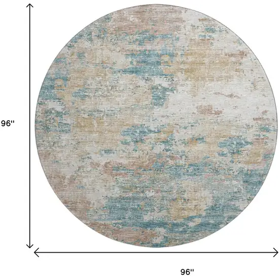 8' Teal Blue Ivory And Copper Abstract Washable Round Rug With UV Protection Photo 3