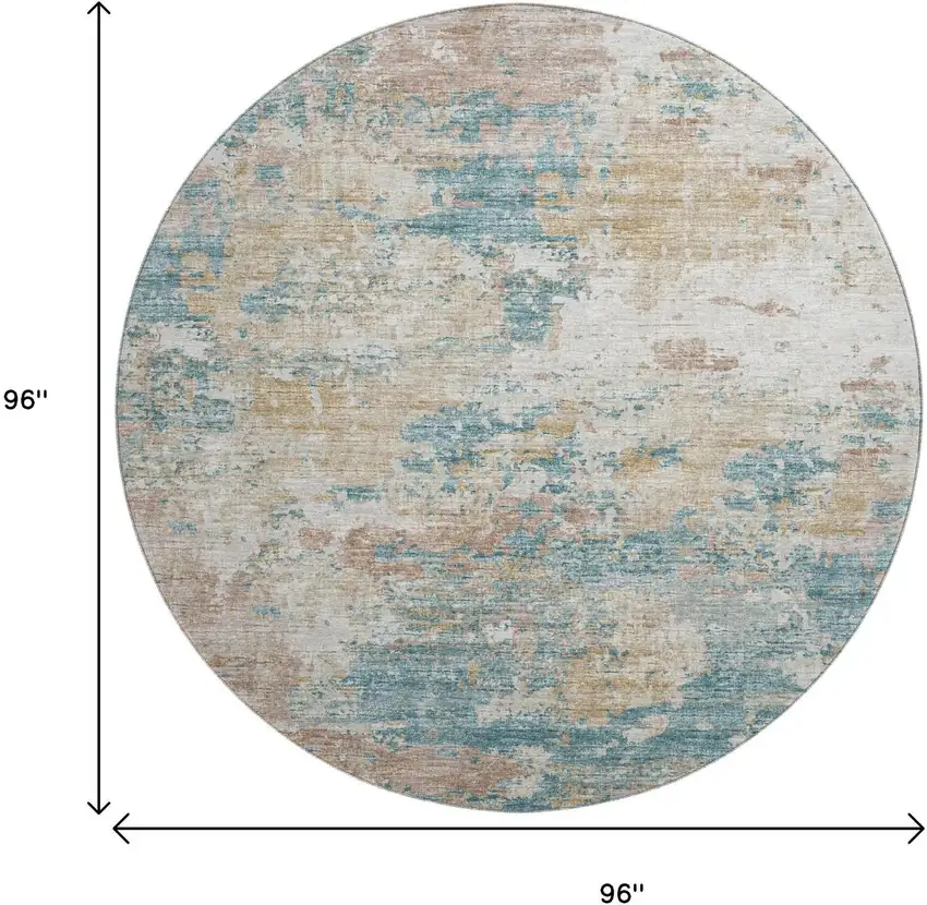 8' Teal Blue Ivory And Copper Abstract Washable Round Rug With UV Protection Photo 3